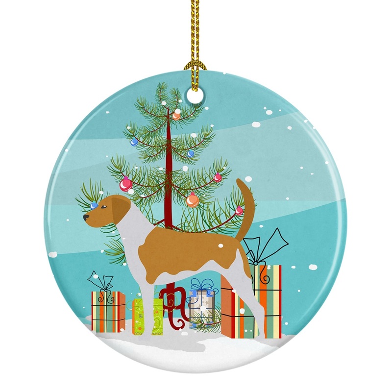 American Foxhound Merry Christmas Tree Ornament - Round Ceramic Ornament  Artist-Designed Keepsake Decoration BB2916CO1