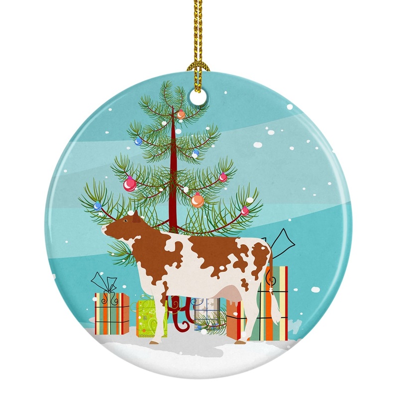 Ayrshire Cow Christmas Ornament - Round Ceramic Ornament  Artist-Designed Keepsake Decoration BB9194CO1