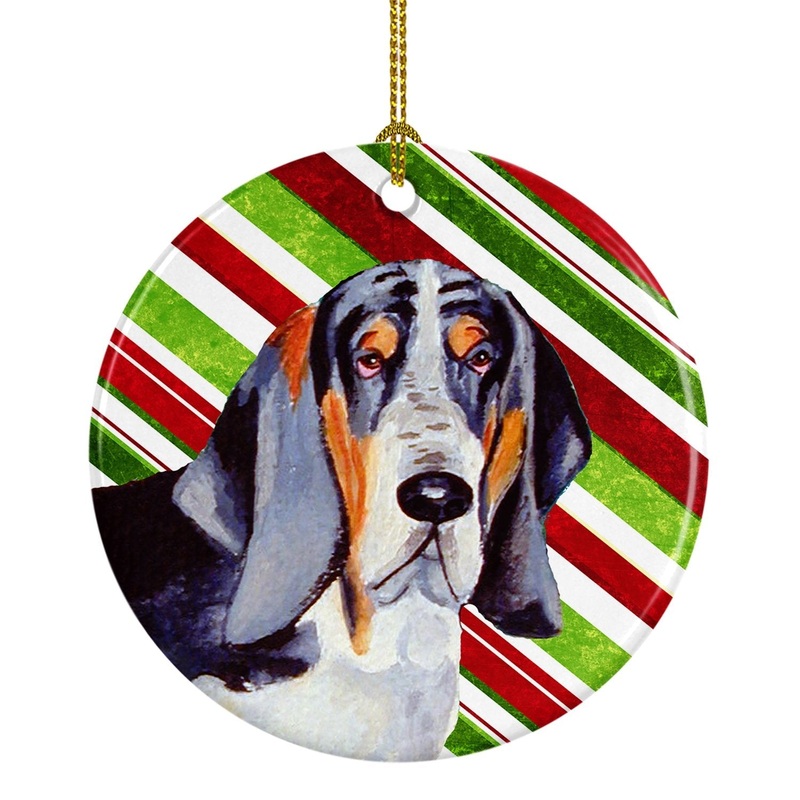 Basset Hound Candy Cane Holiday Christmas Ornament - Round Ceramic Ornament  Artist-Designed Keepsake Decoration LH9237
