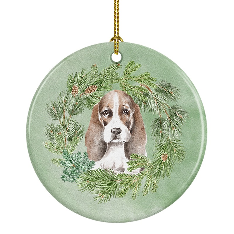 Basset Hound Puppy Brown White and Black Christmas Wreath Ceramic Ornament