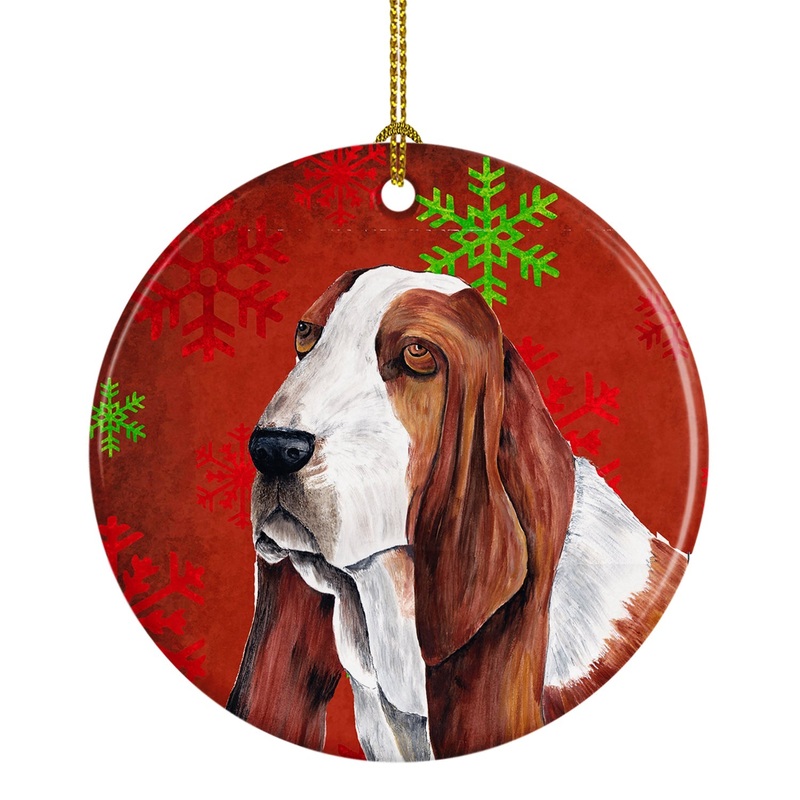 Basset Hound Red Snowflakes Holiday Christmas Ornament - Round Ceramic Ornament  Artist-Designed Keepsake Decoration SC9412