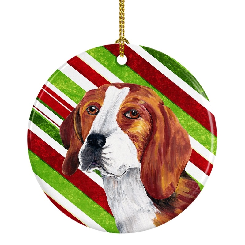 Beagle Candy Cane Holiday Christmas  Ornament - Round Ceramic Ornament  Artist-Designed Keepsake Decoration SC9329
