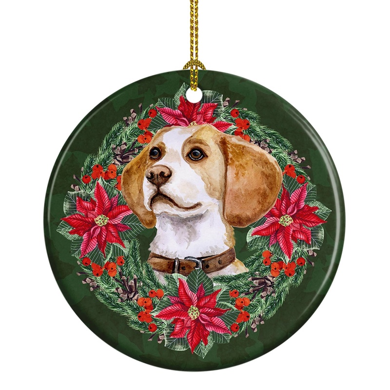 Beagle Poinsetta Wreath Ornament - Round Ceramic Ornament  Artist-Designed Keepsake Decoration