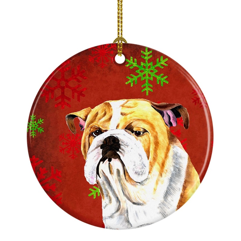 Bulldog English Red Snowflakes Holiday Christmas Ornament - Round Ceramic Ornament  Artist-Designed Keepsake Decoration SC9414