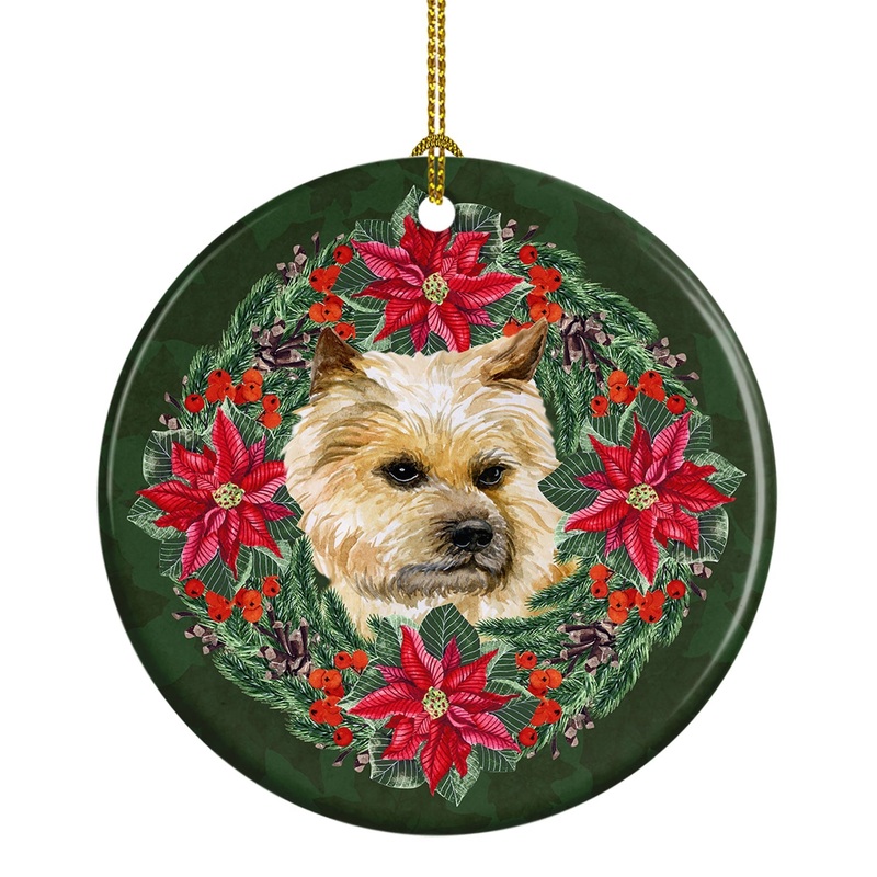 Cairn Terrier Poinsetta Wreath Ornament - Round Ceramic Ornament  Artist-Designed Keepsake Decoration