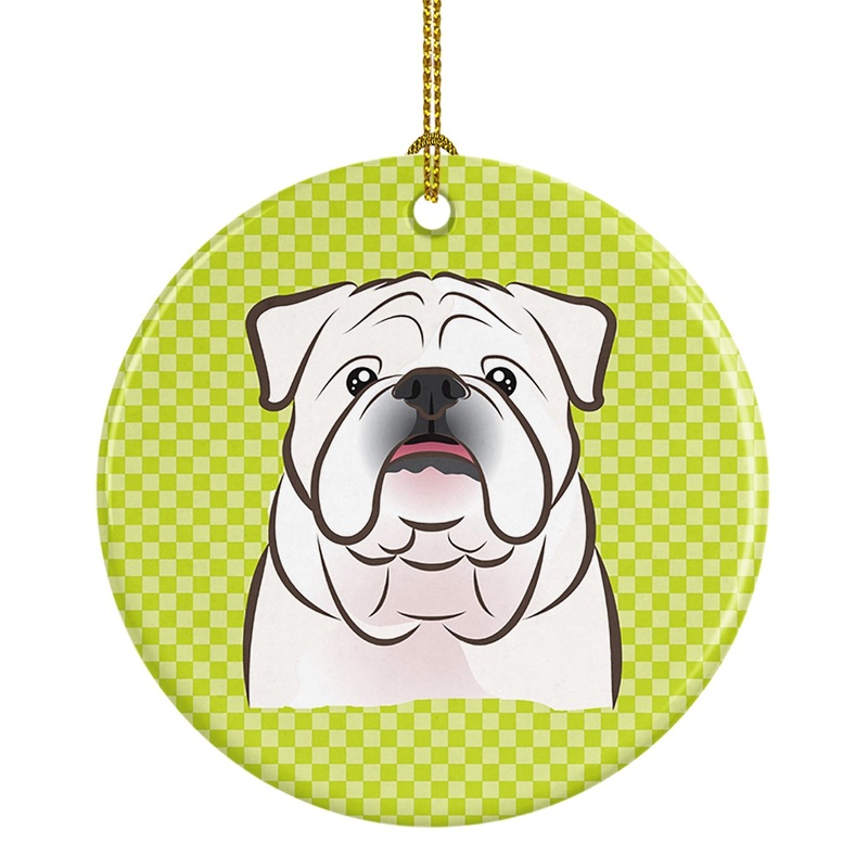 Checkerboard Lime Green White English Bulldog Ceramic Ornament