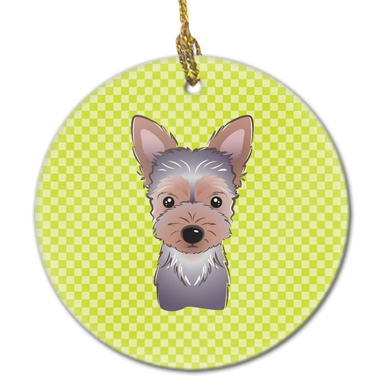 Checkerboard Lime Green Yorkie Puppy Ceramic Ornament