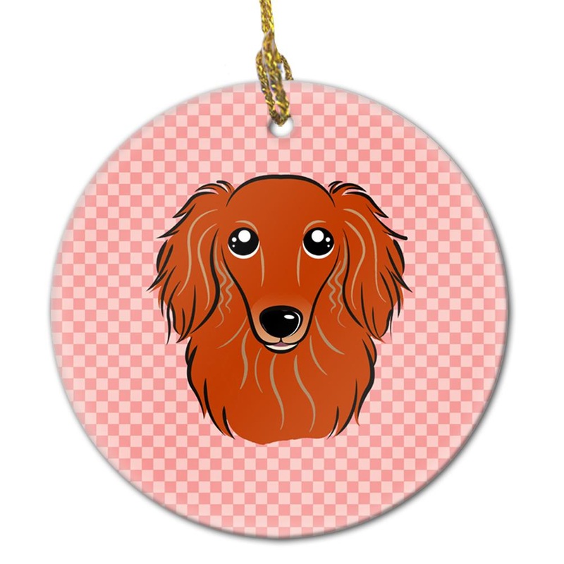 Checkerboard Pink Longhair Red Dachshund Ceramic Ornament BB1214CO1