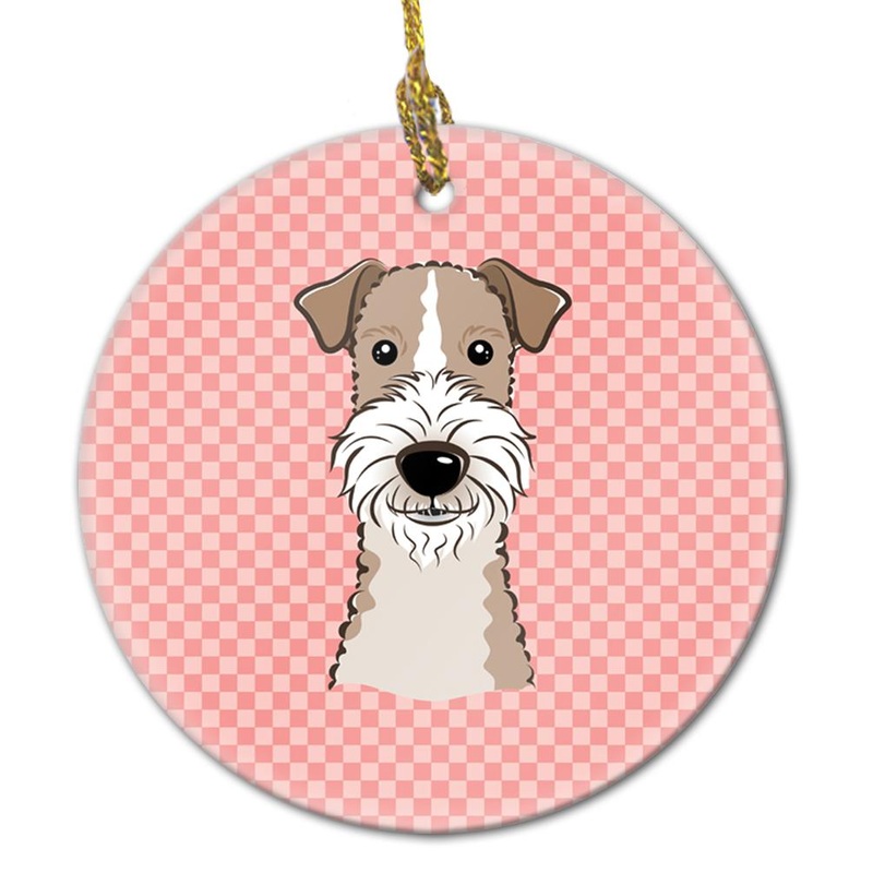 Checkerboard Pink Wire Haired Fox Terrier Ceramic Ornament BB1247CO1