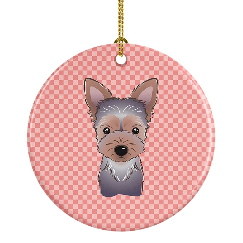 Checkerboard Pink Yorkie Puppy Ceramic Ornament