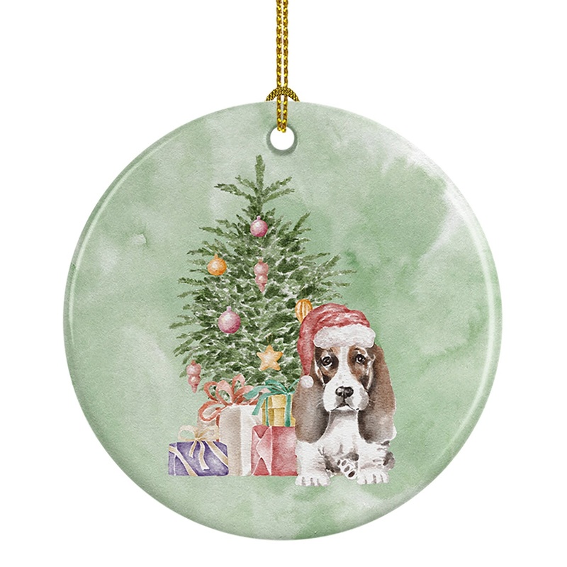 Christmas Basset Hound Puppy #2 Ornament - Round Ceramic Ornament  Artist-Designed Keepsake Decoration