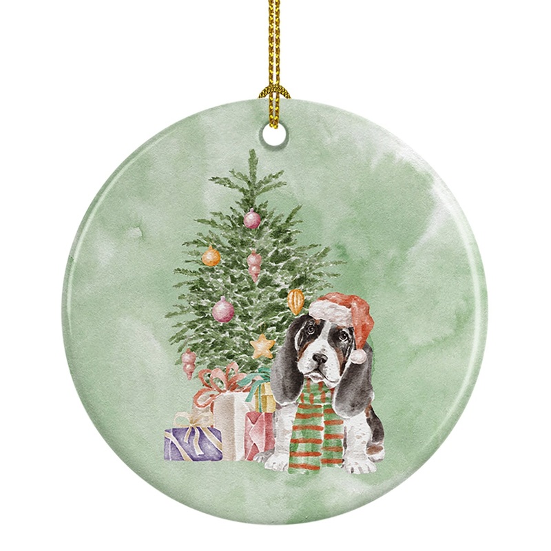 Christmas Basset Hound Puppy Ornament - Round Ceramic Ornament  Artist-Designed Keepsake Decoration