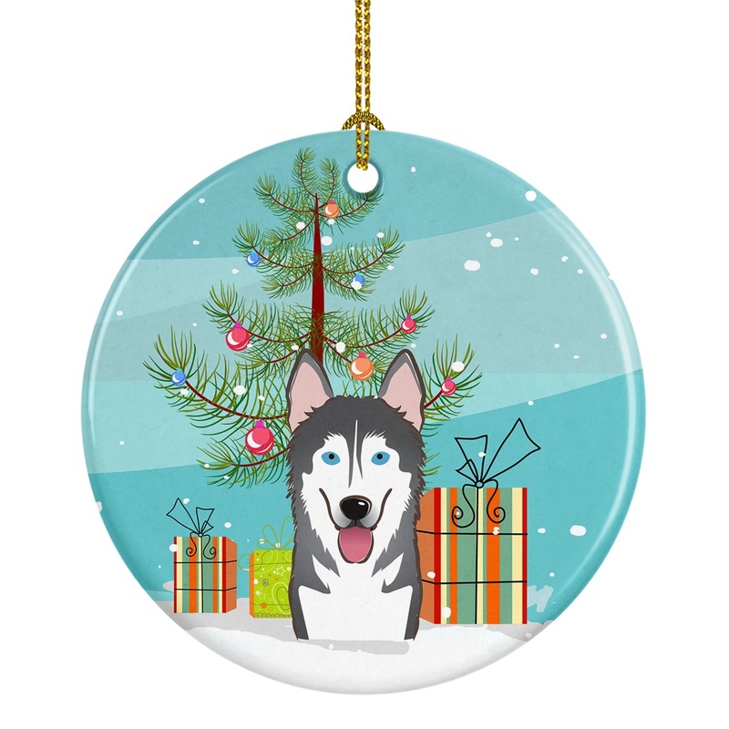 Christmas Tree and Alaskan Malamute Ornament - Round Ceramic Ornament  Artist-Designed Keepsake Decoration BB1590CO1