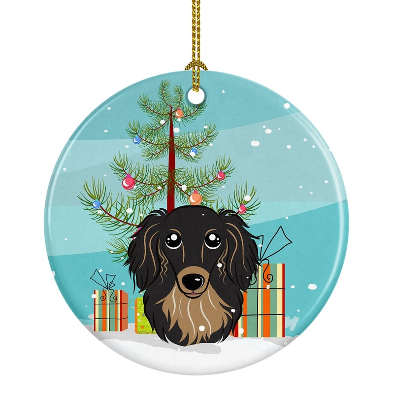 Christmas Tree and Longhair Black and Tan Dachshund Ornament - Round Ceramic Ornament  Artist-Designed Keepsake Decoration BB1585CO1