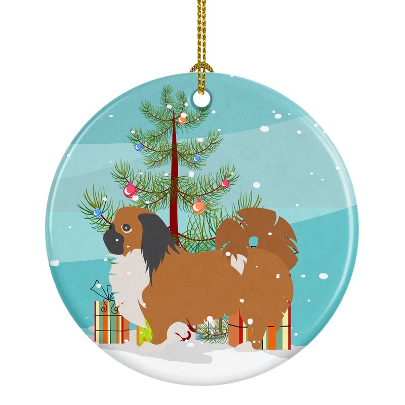 Pekingese Merry Christmas Tree Ornament - Round Ceramic Ornament  Artist-Designed Keepsake Decoration BB2956CO1