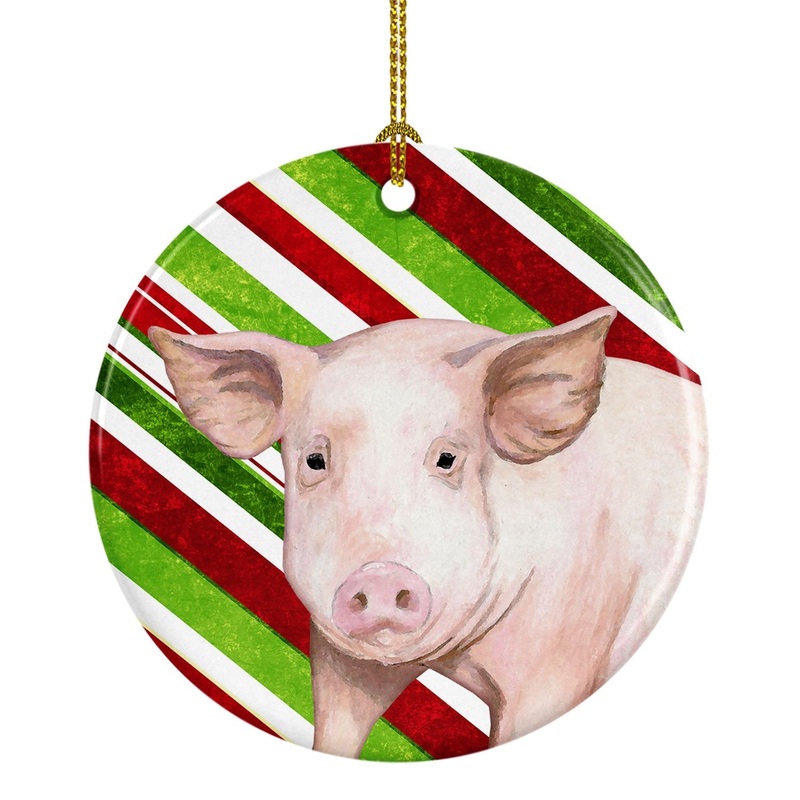 Pig Candy Cane Holiday Christmas Ornament - Round Ceramic Ornament  Artist-Designed Keepsake Decoration SB3136CO1