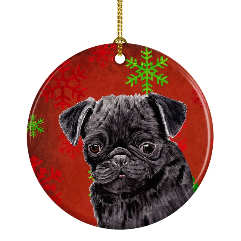 Pug Red Snowflakes Holiday Christmas Ornament - Round Ceramic Ornament  Artist-Designed Keepsake Decoration SC9406