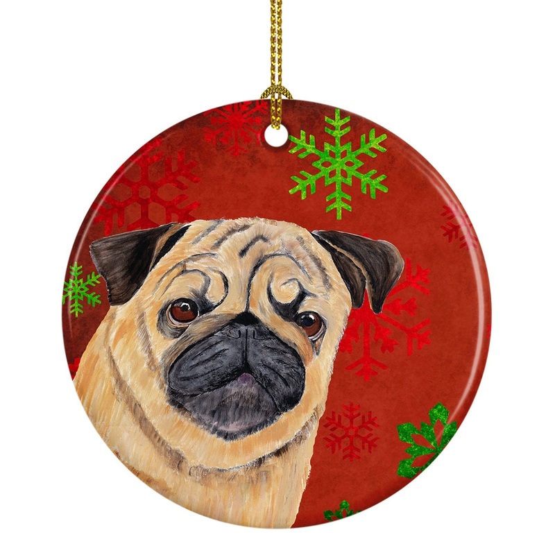 Pug Red Snowflakes Holiday Christmas Ornament - Round Ceramic Ornament  Artist-Designed Keepsake Decoration SC9411