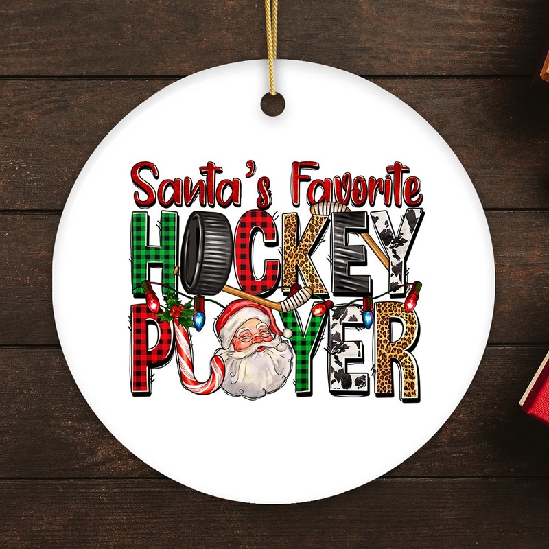 Santas Favorite Hockey Player Christmas Plaid Ornament