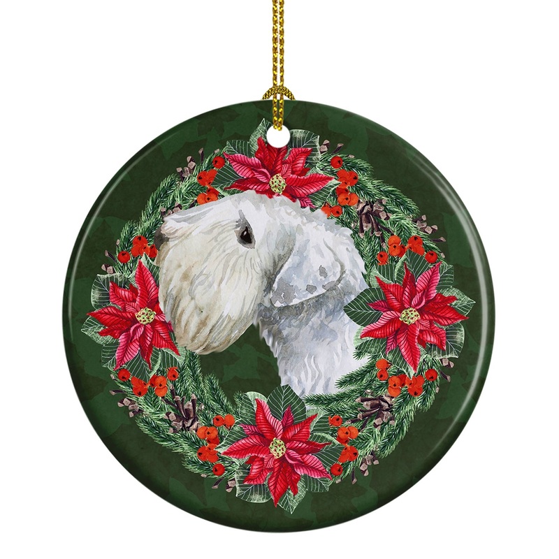 Sealyham Terrier Poinsetta Wreath Ornament - Round Ceramic Ornament  Artist-Designed Keepsake Decoration