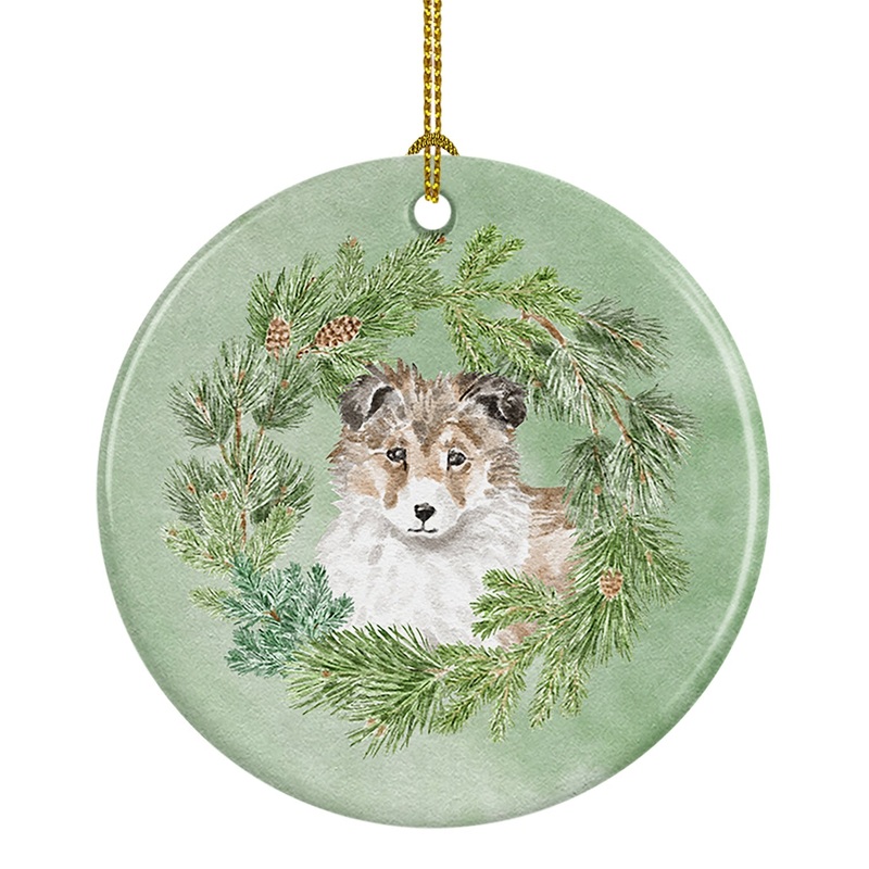 Sheltie/Shetland Sheepdog Puppy Sable Christmas Wreath Ceramic Ornament