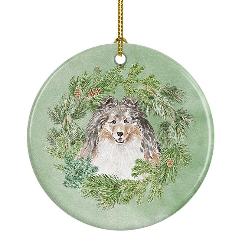 Sheltie/Shetland Sheepdog Tricolor Smiling #1 Christmas Wreath Ceramic Ornament