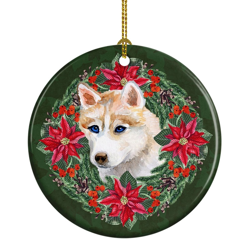 Siberian Husky Poinsetta Wreath Ornament - Round Ceramic Ornament  Artist-Designed Keepsake Decoration