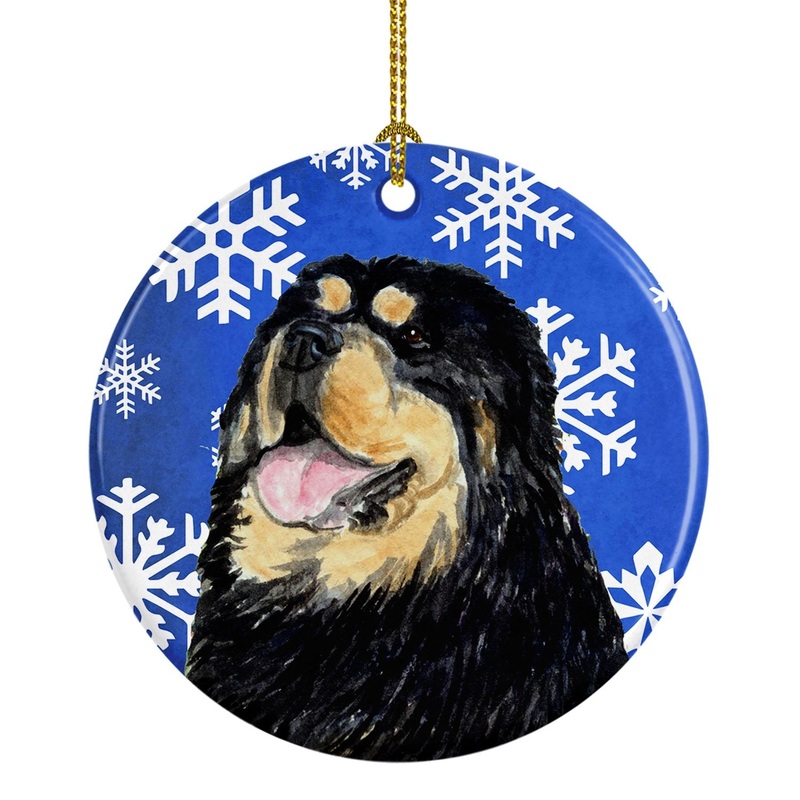 Tibetan Mastiff Winter Snowflakes Holiday Christmas Ornament - Round Ceramic Ornament  Artist-Designed Keepsake Decoration SS4650
