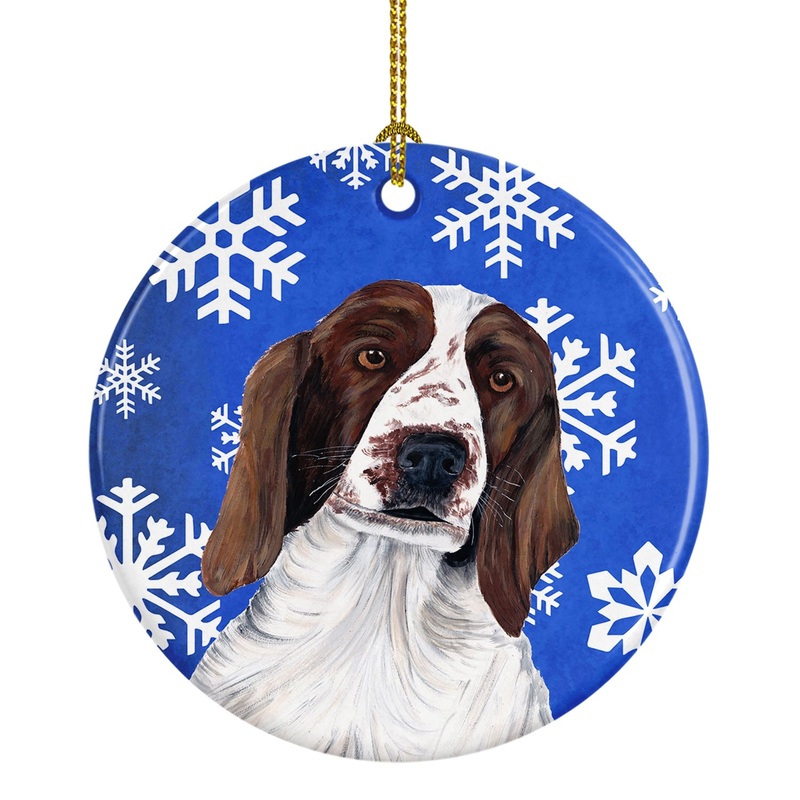 Welsh Springer Spaniel Winter Snowflakes Holiday Ornament - Round Ceramic Ornament  Artist-Designed Keepsake Decoration SC9380