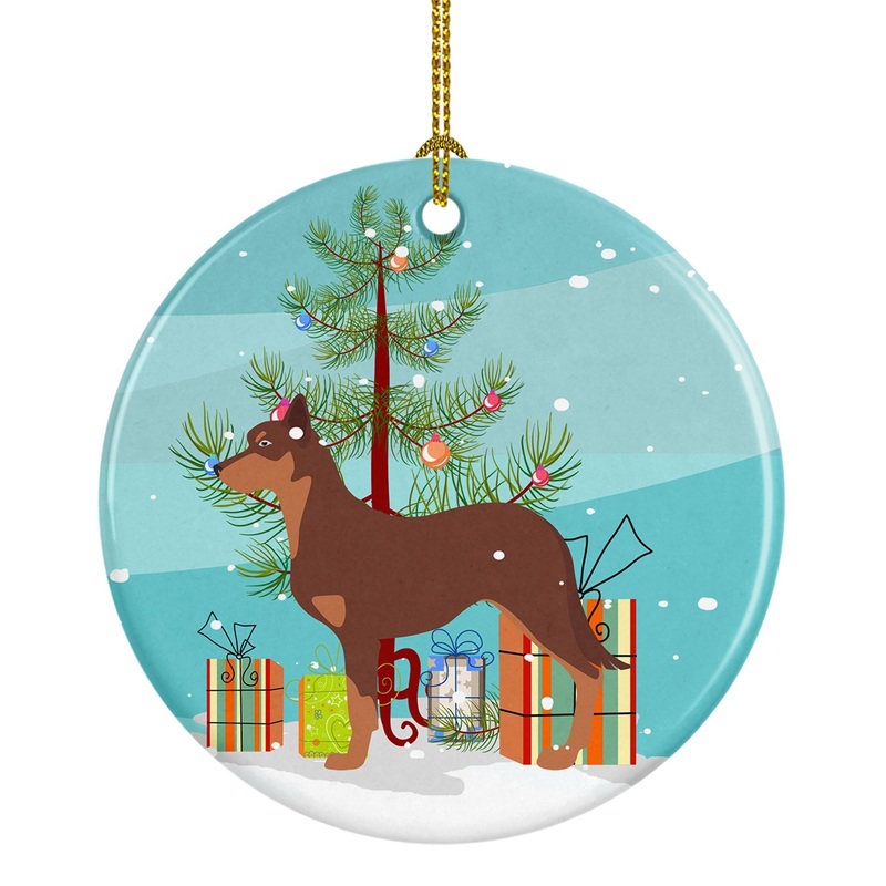 Australian Kelpie Dog Merry Christmas Tree Ornament - Round Ceramic Ornament  Artist-Designed Keepsake Decoration BB2947CO1