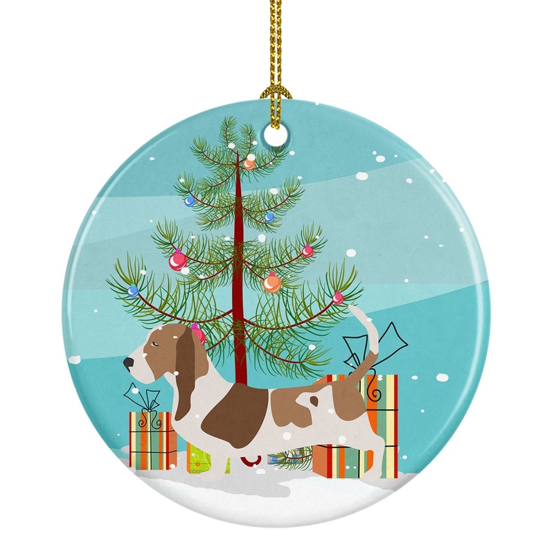 Basset Hound Merry Christmas Tree Ornament - Round Ceramic Ornament  Artist-Designed Keepsake Decoration BB2920CO1