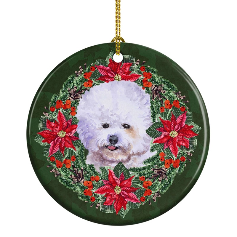 Bichon Frise Poinsetta Wreath Ornament - Round Ceramic Ornament  Artist-Designed Keepsake Decoration