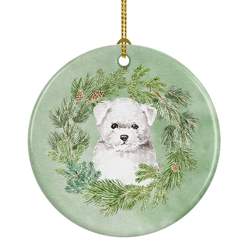 Bichon Frise Puppy Christmas Wreath Ceramic Ornament