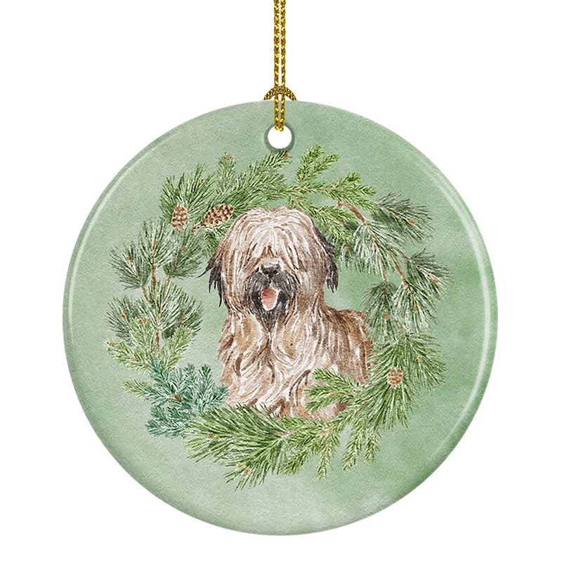 Briard Smiling Christmas Wreath Ceramic Ornament