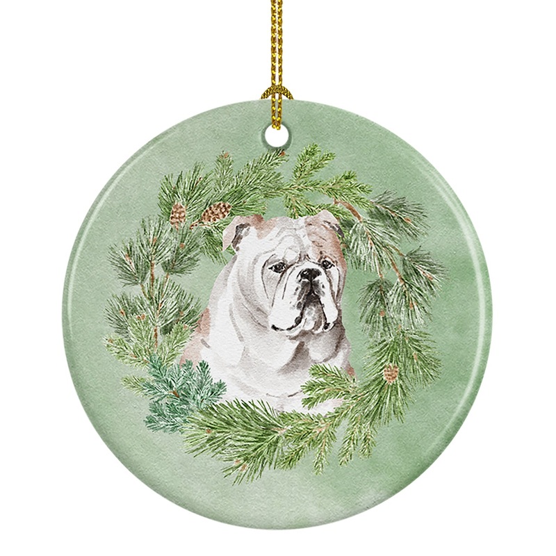 Bulldog Fawn Christmas Wreath Ceramic Ornament