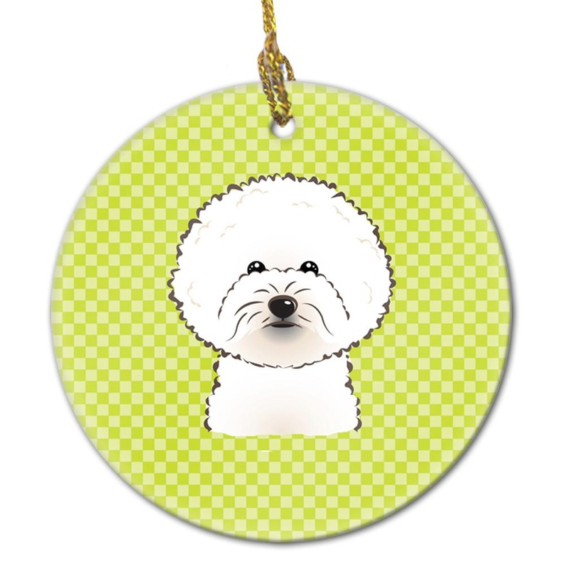 Checkerboard Lime Green Bichon Frise Ceramic Ornament BB1279CO1