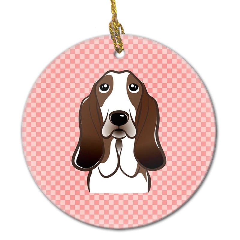 Checkerboard Pink Basset Hound Ceramic Ornament BB1243CO1