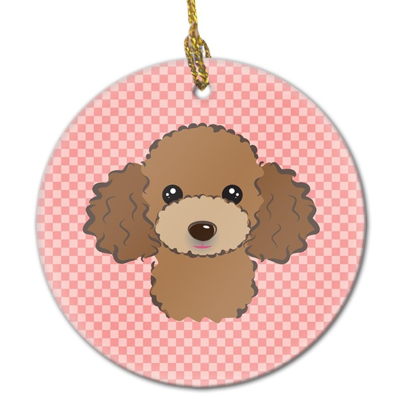 Checkerboard Pink Chocolate Brown Poodle Ceramic Ornament BB1256CO1