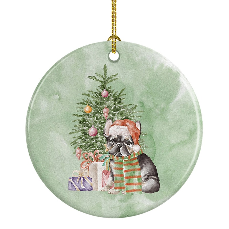 Christmas French Bulldog Black #2 Ornament - Round Ceramic Ornament  Artist-Designed Keepsake Decoration