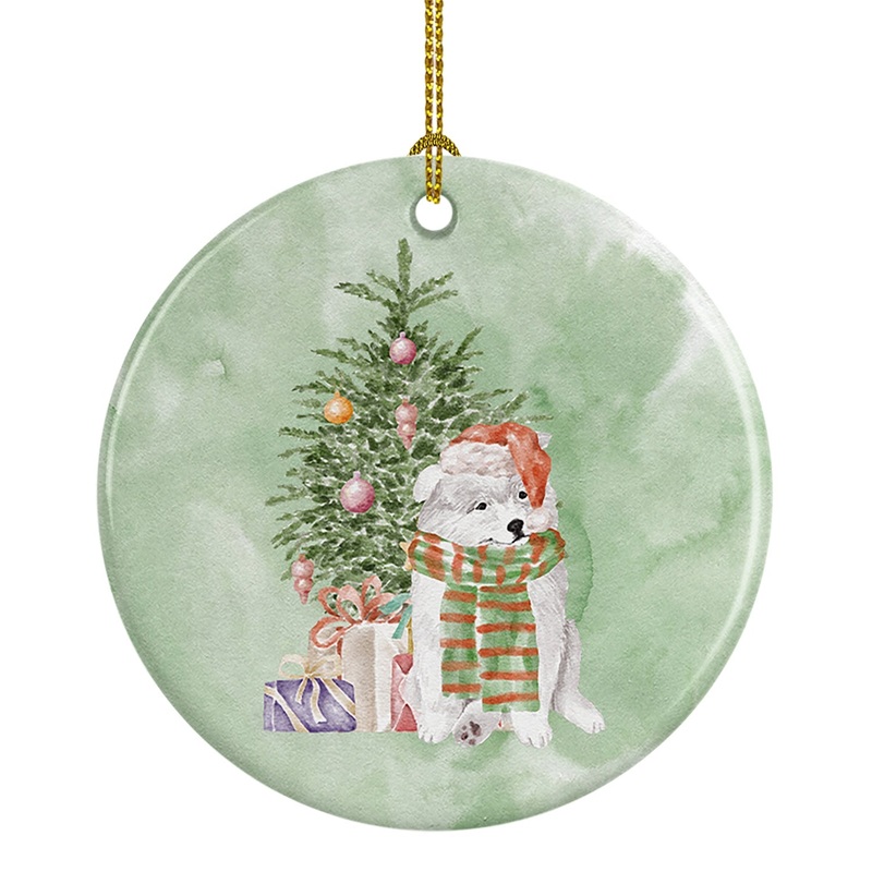 Christmas Samoyed Ornament - Round Ceramic Ornament  Artist-Designed Keepsake Decoration