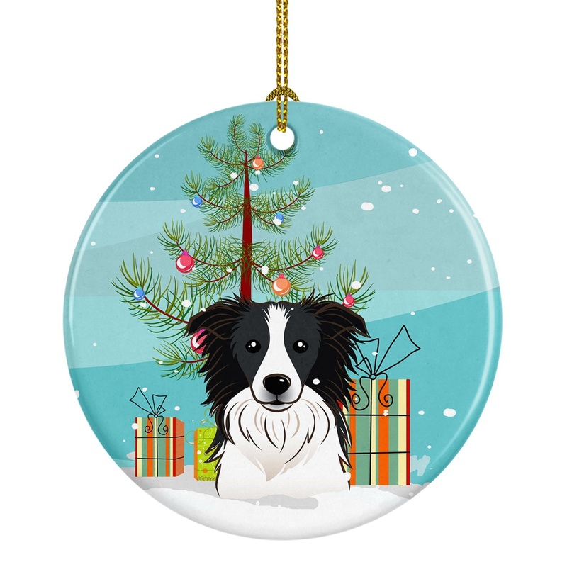 Christmas Tree and Border Collie Ornament - Round Ceramic Ornament  Artist-Designed Keepsake Decoration BB1613CO1