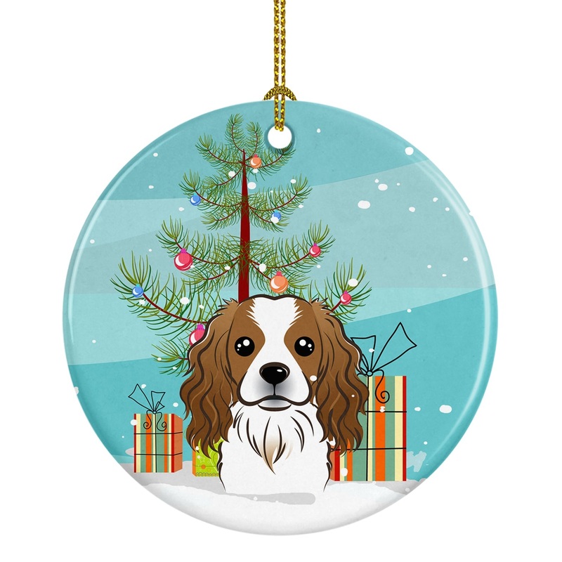 Christmas Tree and Cavalier Spaniel Ornament - Round Ceramic Ornament  Artist-Designed Keepsake Decoration BB1596CO1