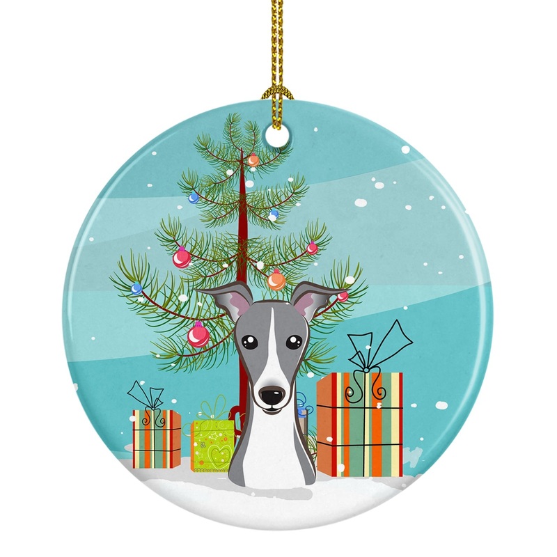 Christmas Tree and Italian Greyhound Ornament - Round Ceramic Ornament  Artist-Designed Keepsake Decoration BB1608CO1