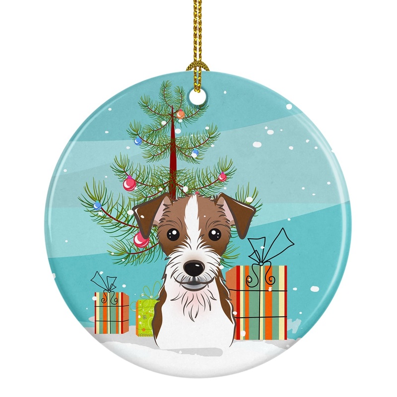 Christmas Tree and Jack Russell Terrier Ornament - Round Ceramic Ornament  Artist-Designed Keepsake Decoration BB1574CO1