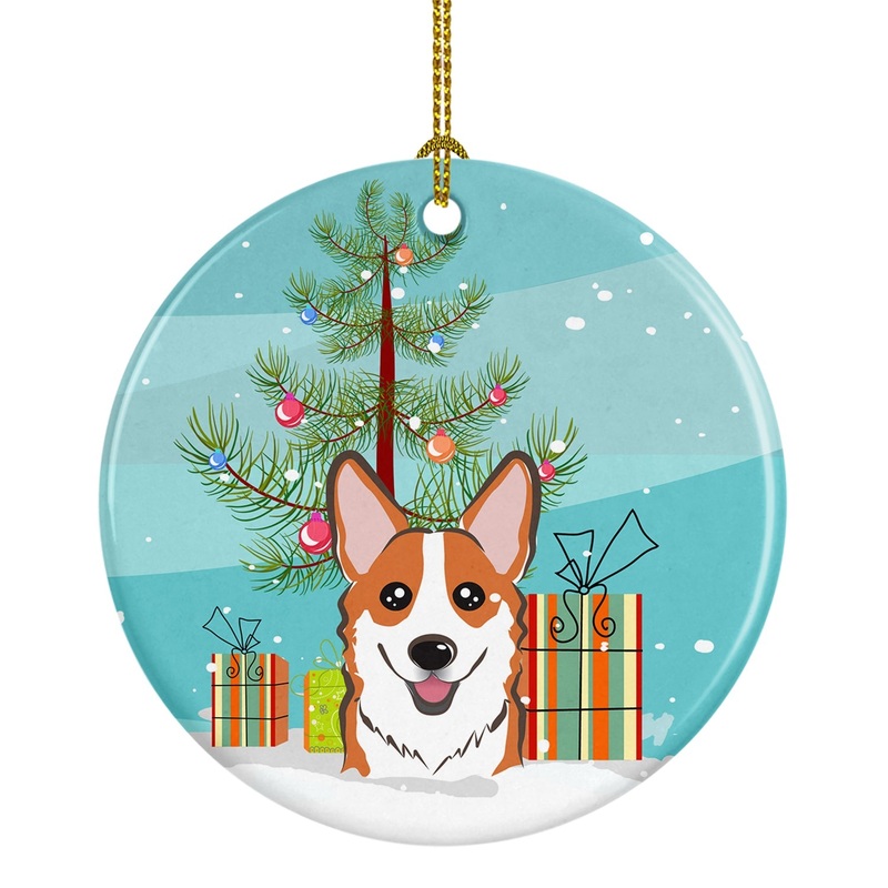 Christmas Tree and Red Corgi Ornament - Round Ceramic Ornament  Artist-Designed Keepsake Decoration BB1626CO1