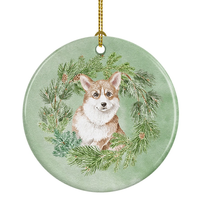 Corgi Red Christmas Wreath Ceramic Ornament