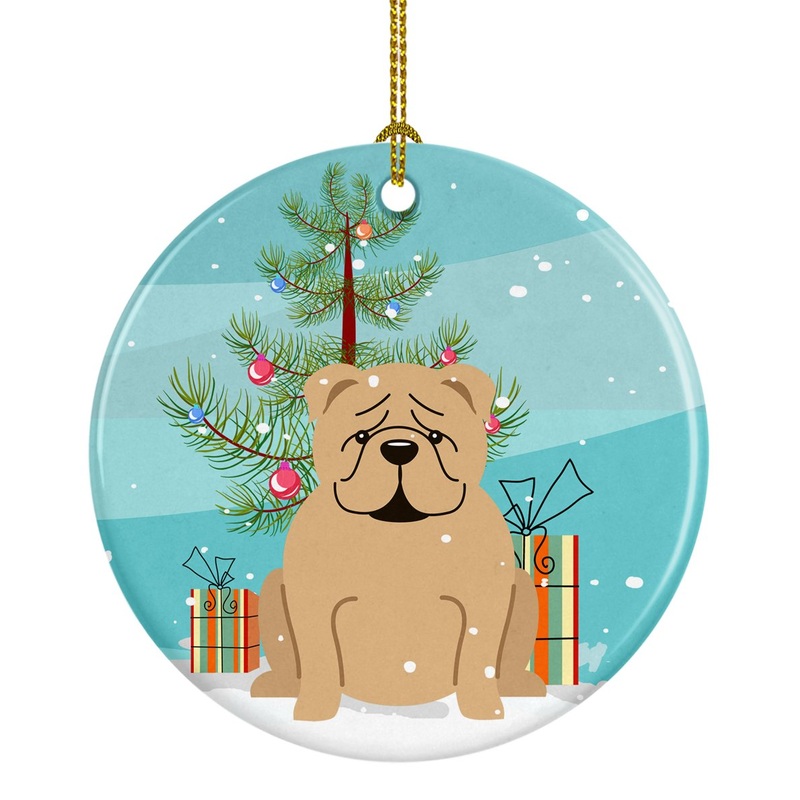Merry Christmas Tree English Bulldog Fawn Ornament - Round Ceramic Ornament  Artist-Designed Keepsake Decoration BB4249CO1