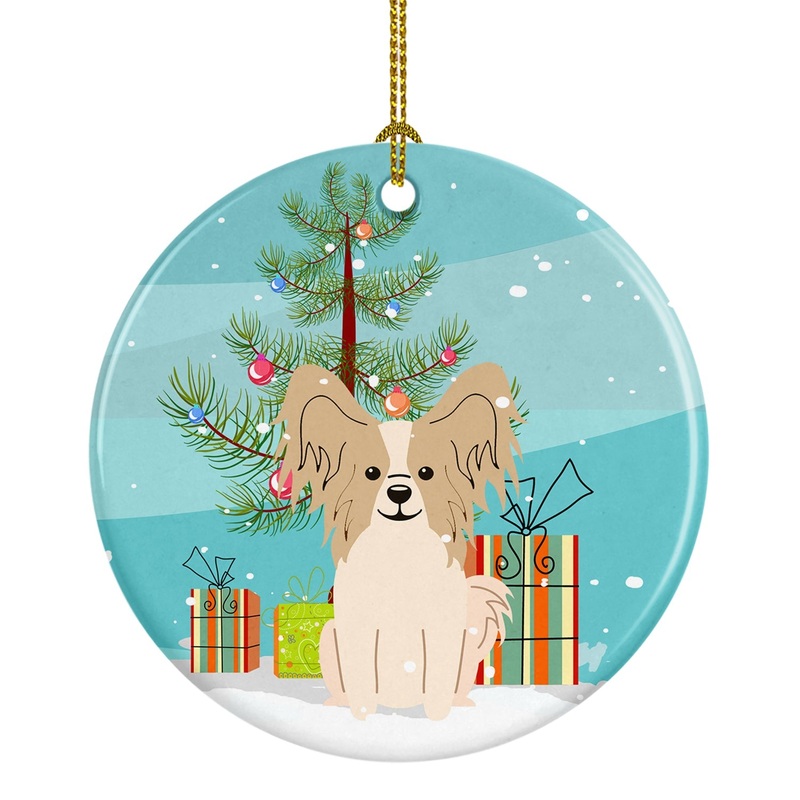 Merry Christmas Tree Papillon Sable White Ornament - Round Ceramic Ornament  Artist-Designed Keepsake Decoration BB4202CO1