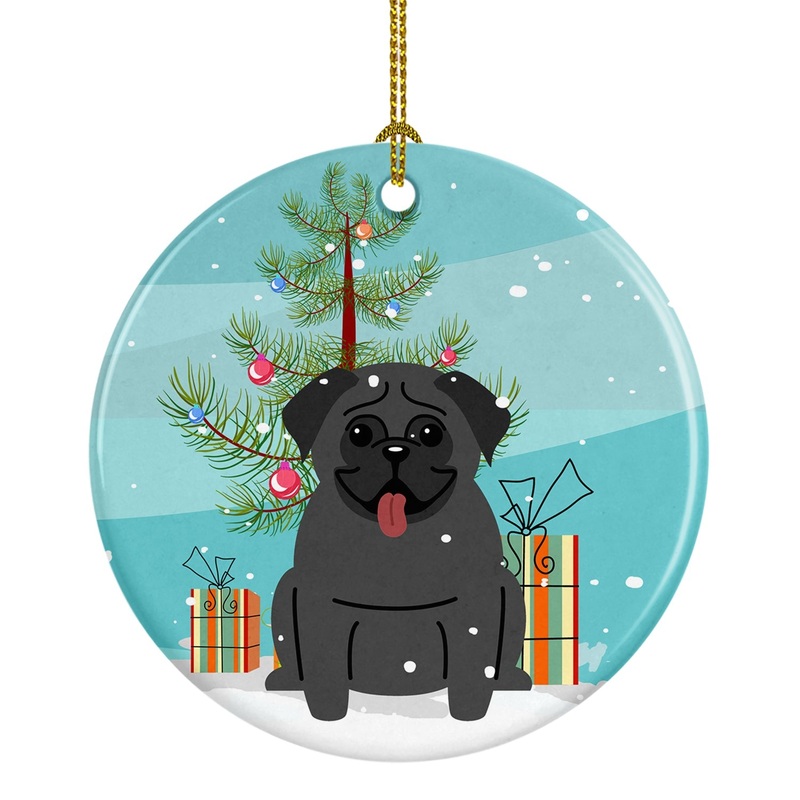Merry Christmas Tree Pug Black Ornament - Round Ceramic Ornament  Artist-Designed Keepsake Decoration BB4131CO1