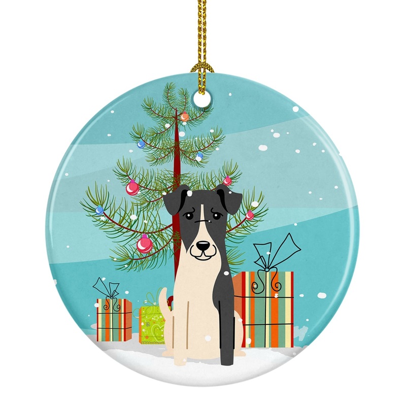 Merry Christmas Tree Smooth Fox Terrier Ornament - Round Ceramic Ornament  Artist-Designed Keepsake Decoration BB4223CO1